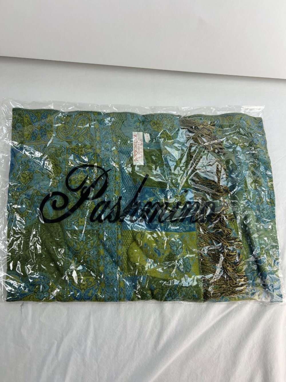 Pashmina Silk Paisley Pattern Shawl Scarf With Fringe Blue & Green New In Packag